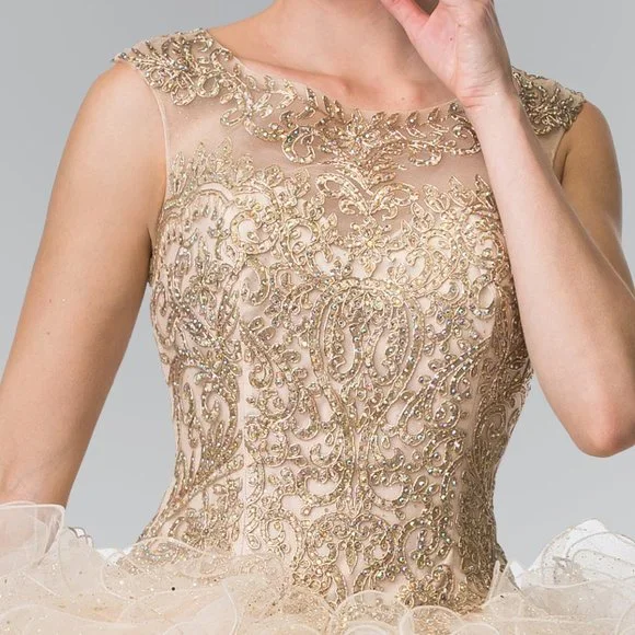NEW LONG SLEEVELESS MESH BALL GOWN EMBROIDERED WITH RHINESTONES & LACE GL2208